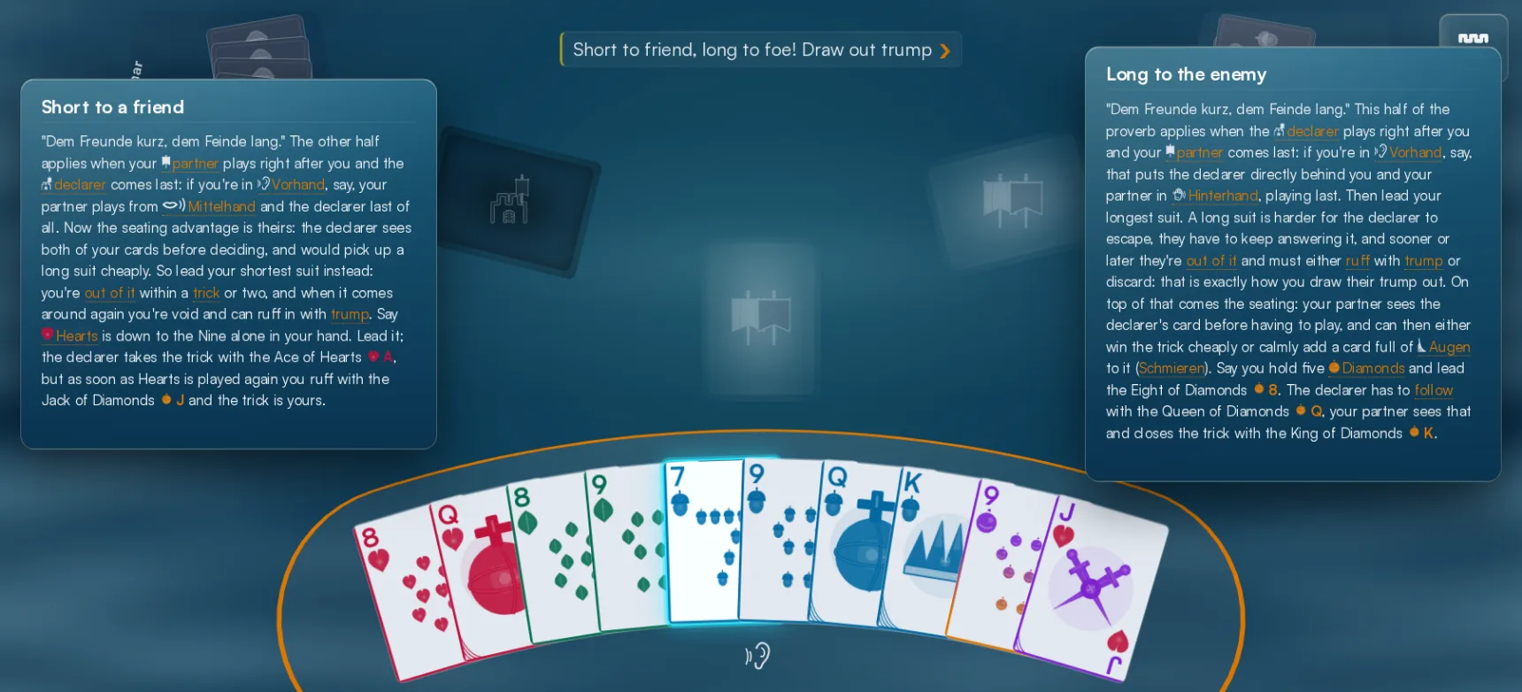 A hint with its reasoning open above the hand