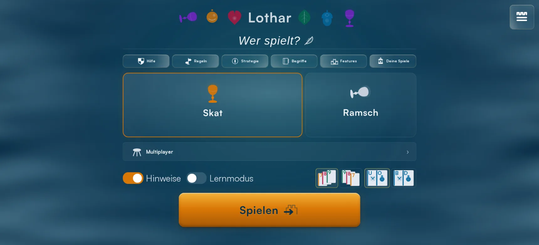 Der Startbildschirm mit Skat, Ramsch und Multiplayer