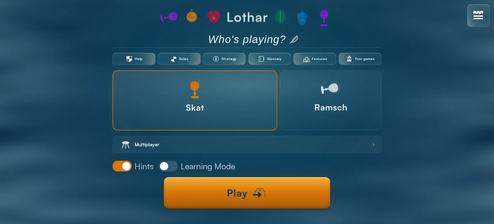 The start screen with Skat, Ramsch and multiplayer